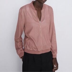 Zara Textured Weave Bomber Jacket in Rose Pink